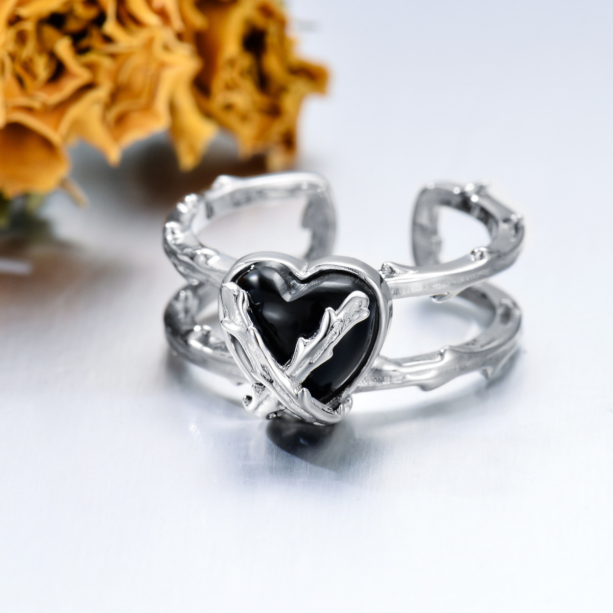 Anillo abierto de plata de ley con ágata y corazón para mujer-4