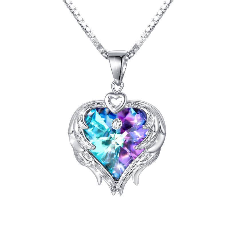 Collar con colgante de cristal de ala de ángel y corazón de plata esterlina para mujer-1