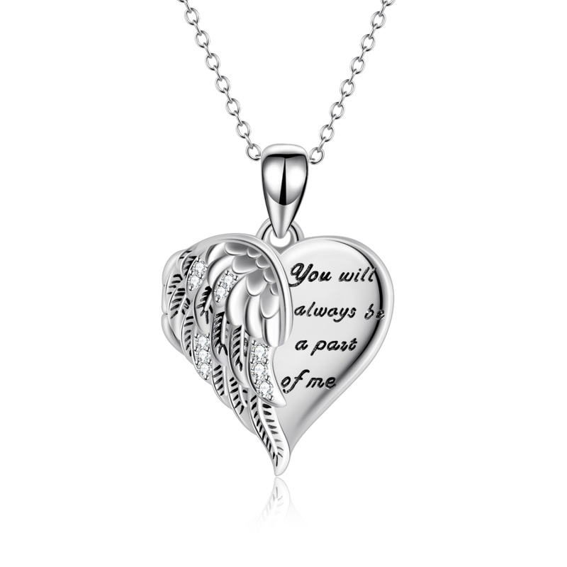 Sterling Silver Heart Angel Wing Personalized Photo Locket Necklace with Engraving Word