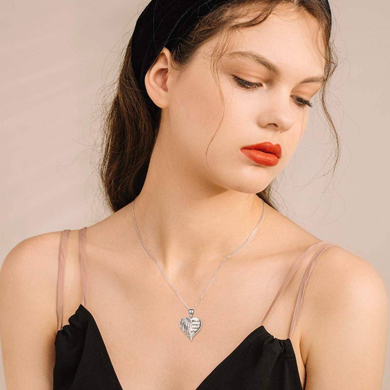 Sterling Silver Heart Angel Wing Personalized Photo Locket Necklace with Engraving Word-2