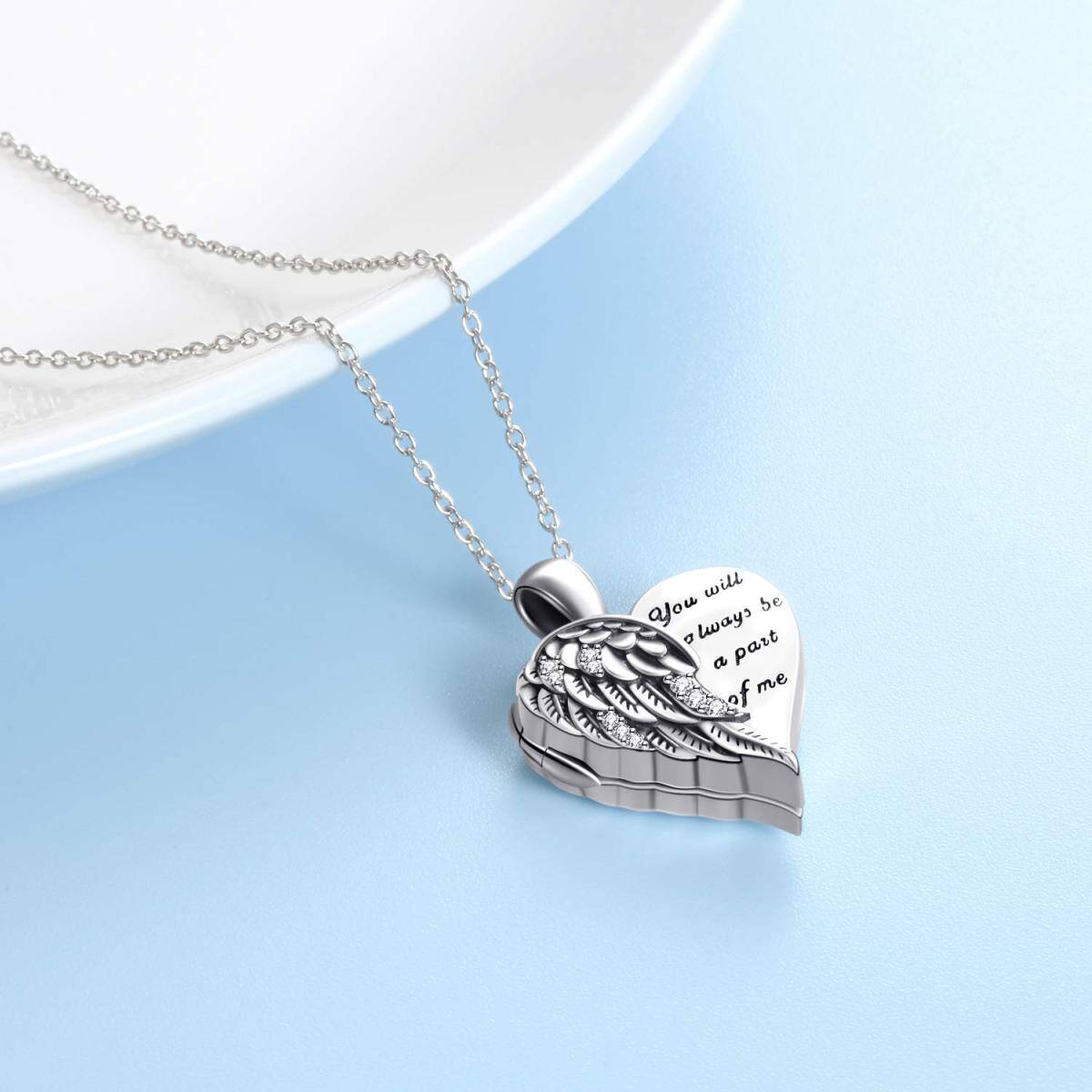 Plata de Ley Corazón Angel Wing Personalizada Foto Locket Collar con Grabado Palabra-3