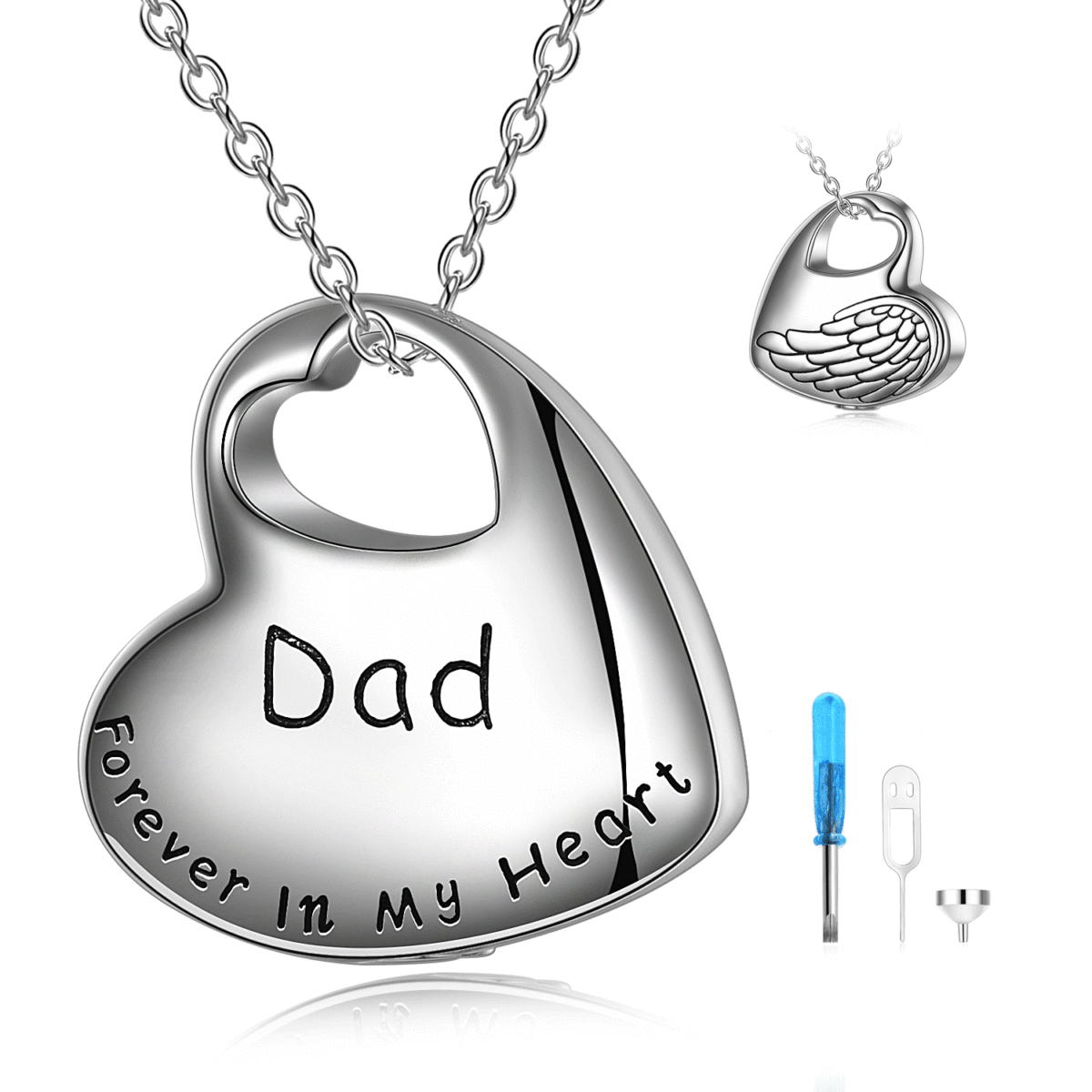 Urnen-Halskette aus Sterlingsilber mit Herz und Engelsflügel für die Asche mit der Gravur „Dad Forever In My Heart“.-1