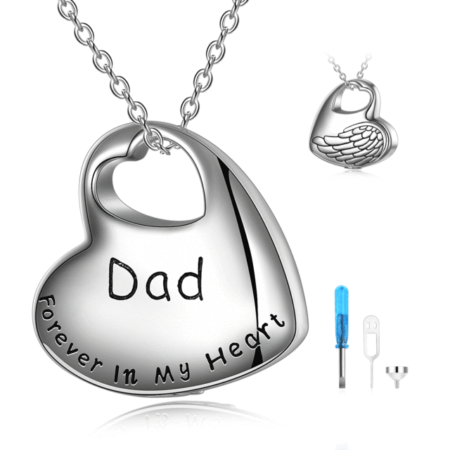 Sterling Silver Heart & Angel Wing Urn Necklace for Ashes Engraved Dad Forever in My Heart-1