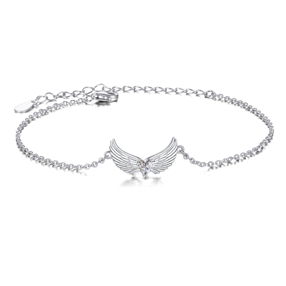 Sterling Silver Heart Cubic Zirconia Angel Wings Charm Bracelet-1