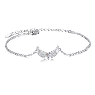 Sterling Silver Heart Cubic Zirconia Angel Wings Pendant Bracelet-53