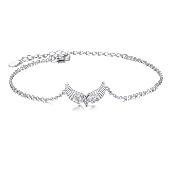 Sterling Silver Heart Cubic Zirconia Angel Wings Pendant Bracelet