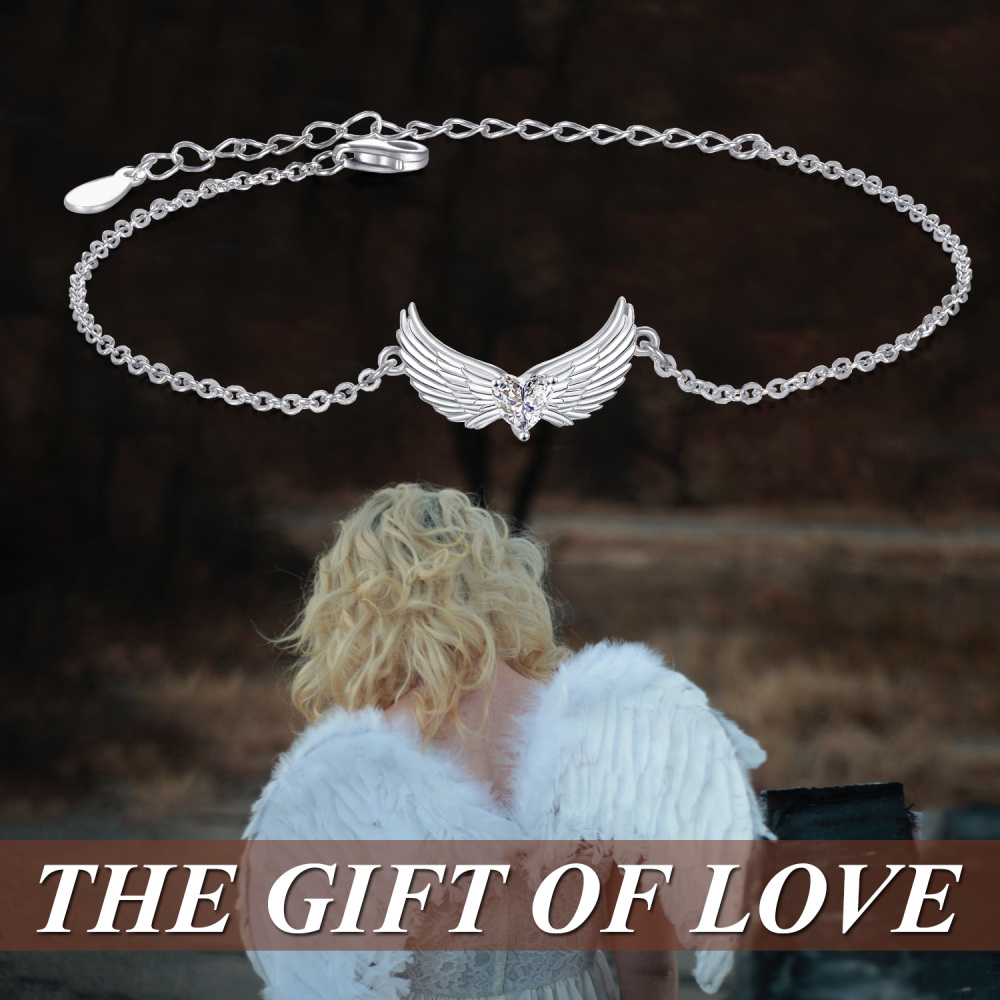 Sterling Silver Heart Cubic Zirconia Angel Wings Charm Bracelet-3