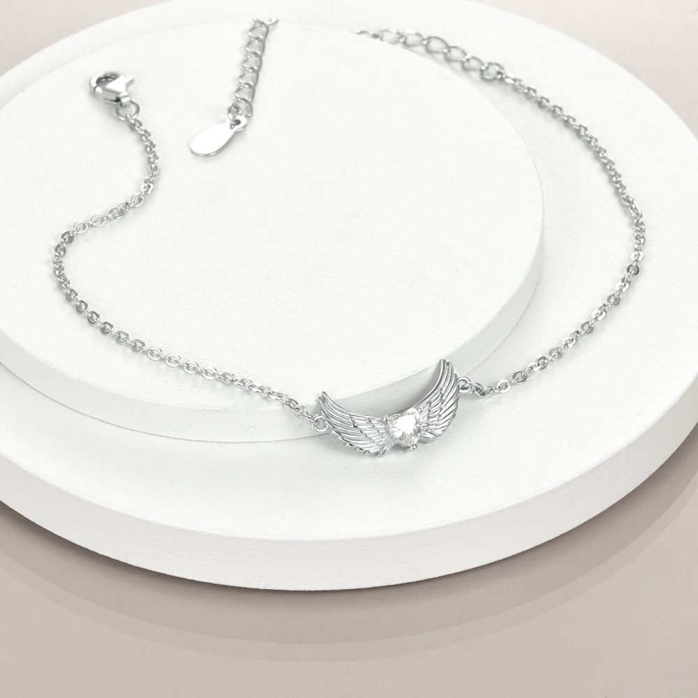 Sterling Silver Heart Cubic Zirconia Angel Wings Charm Bracelet-4