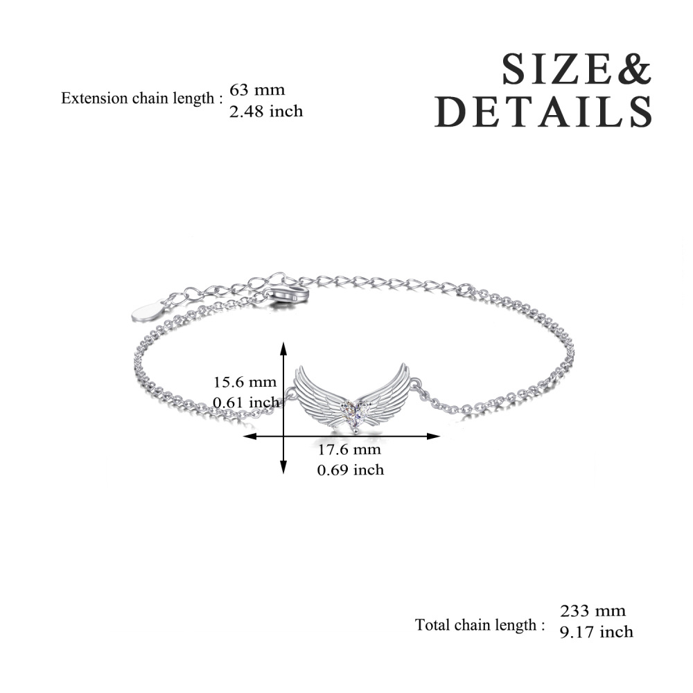 Sterling Silver Heart Cubic Zirconia Angel Wings Charm Bracelet-5
