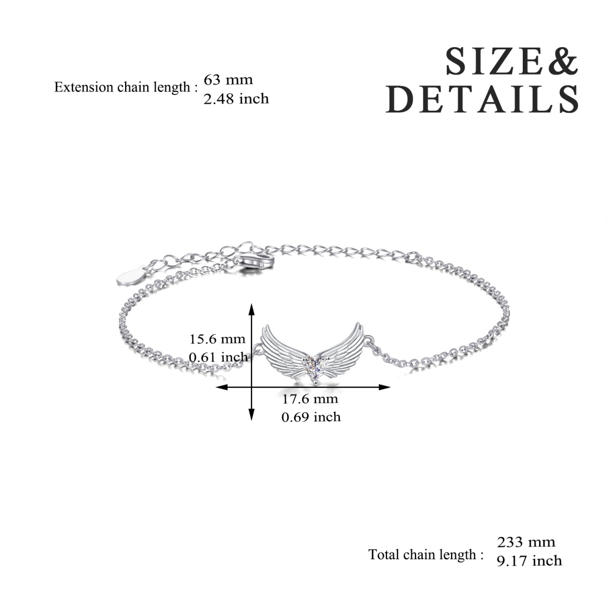 Armband mit Engelsflügel-Anhänger aus Sterlingsilber mit Herz und Zirkonia-5