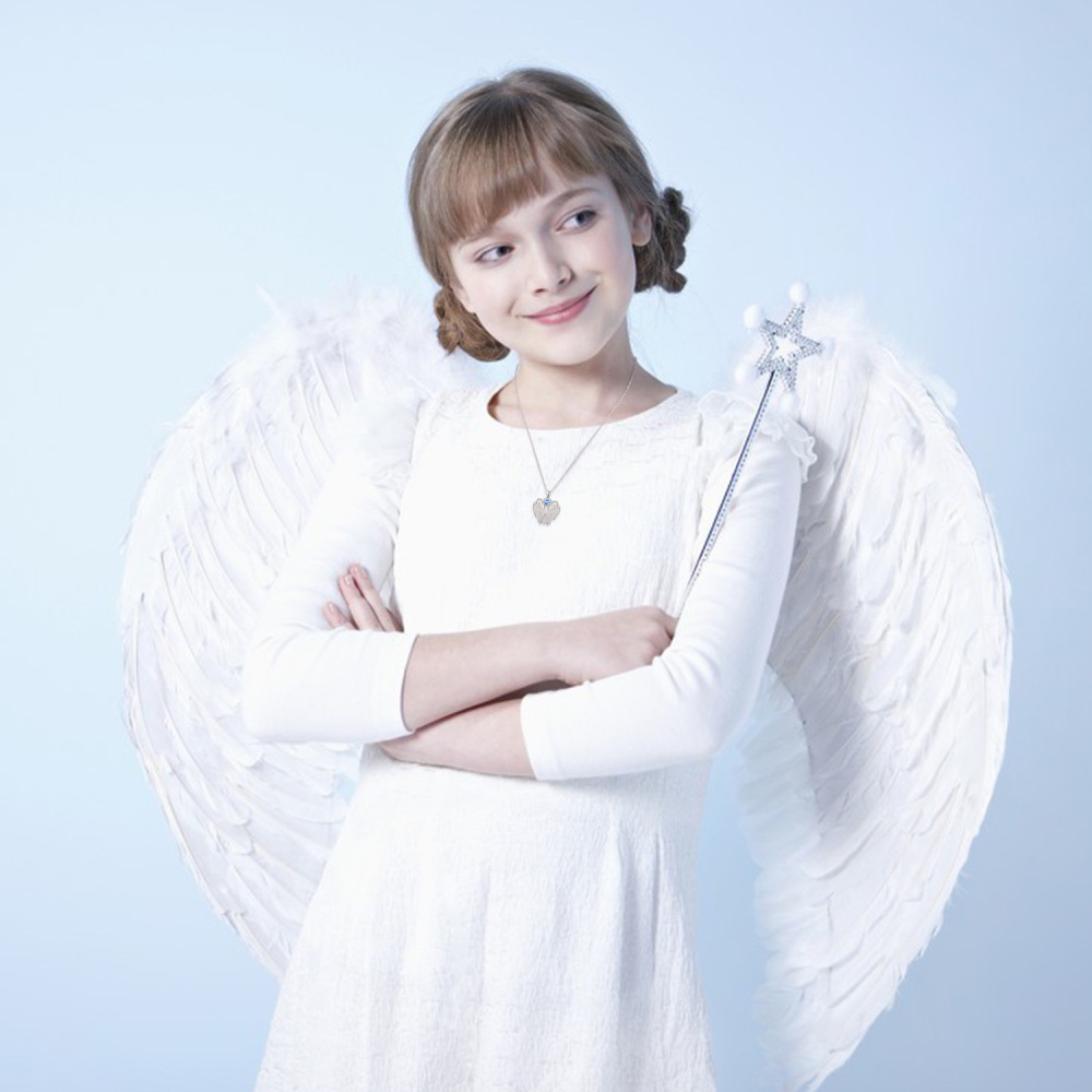 Sterling Silver Cubic Zirconia Heart Angel Wings Pendant Necklace-5