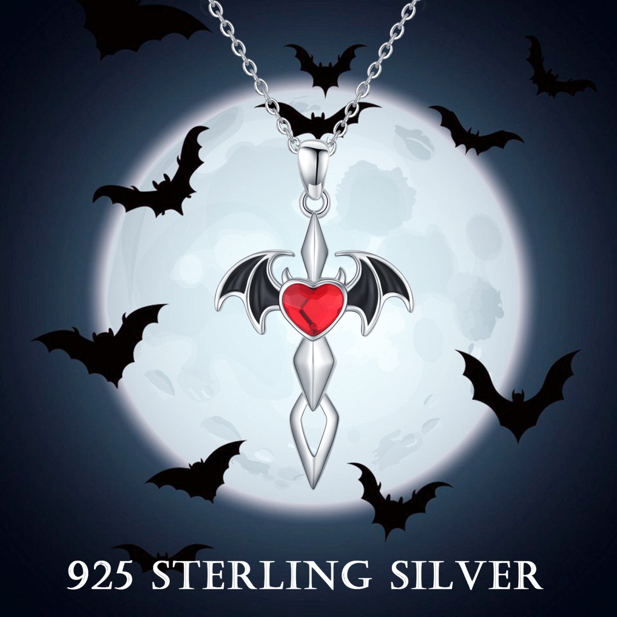 Sterling Silber Herz Cubic Zirkonia Fledermaus Anhänger Halskette-5