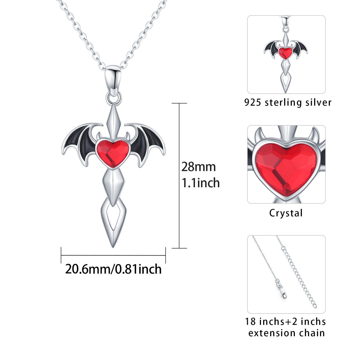 Collana con ciondolo a forma di pipistrello in argento sterling con cuore in zirconia cubica-6