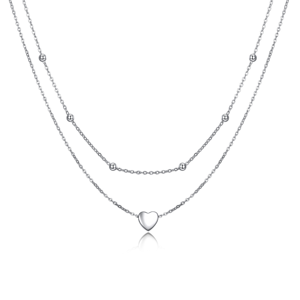 Sterling Silver Heart Bead 2 Layered Necklace With Bead Station Chain For Women-1