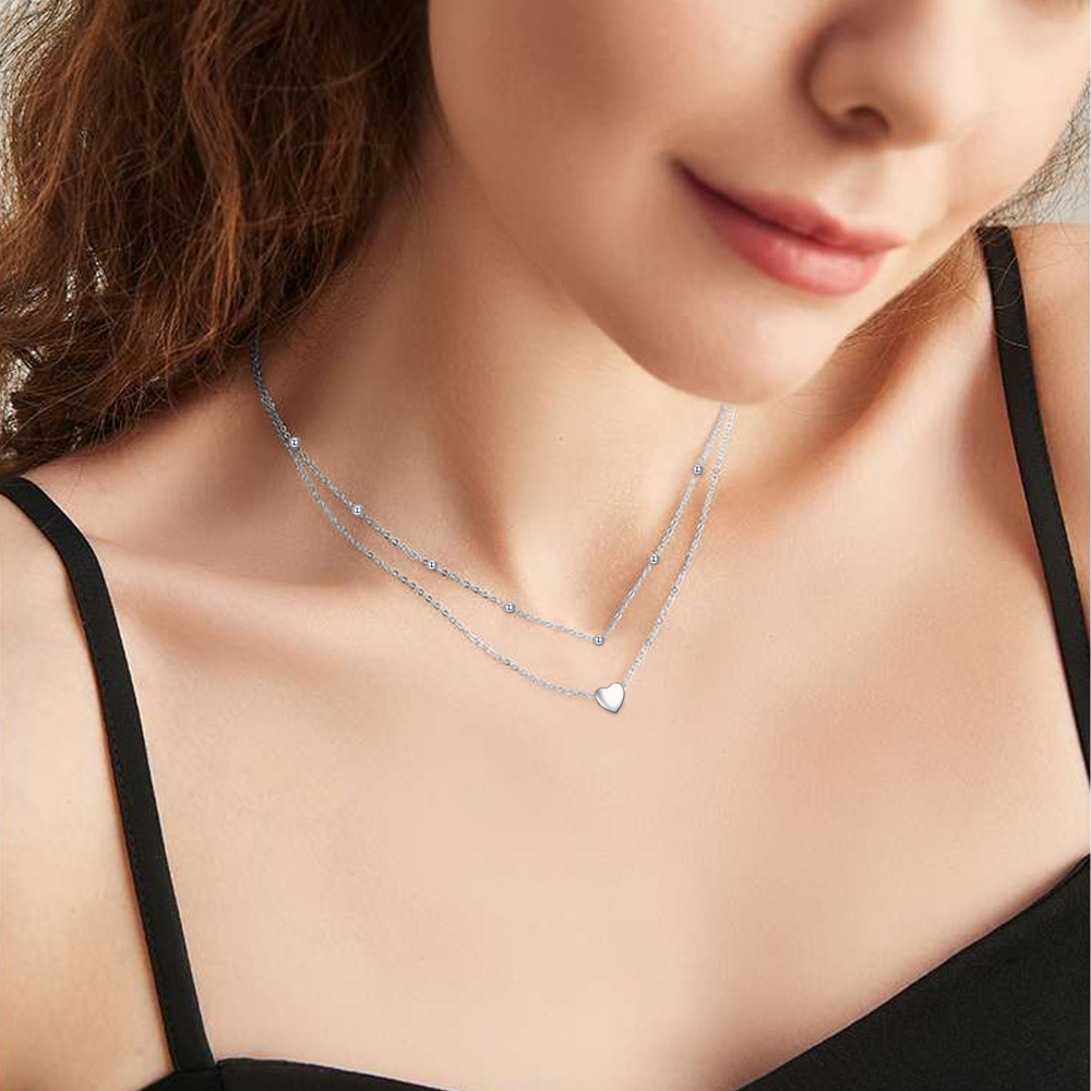 Colar de prata esterlina com 2 camadas de miçangas de coração com corrente de estação de miçangas para mulheres-2