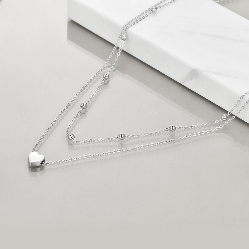 Sterling Silver Heart Bead 2 Layered Necklace With Bead Station Chain For Women-4