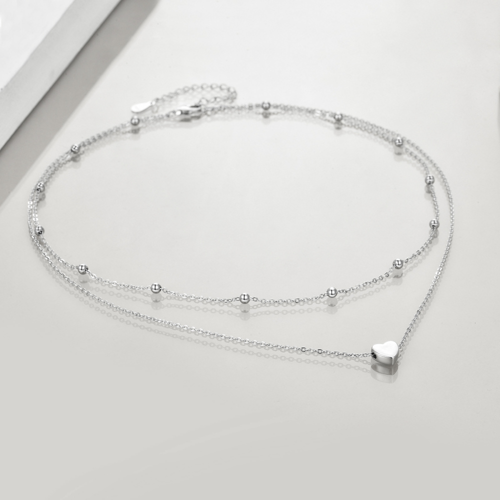 Colar de prata esterlina com 2 camadas de miçangas de coração com corrente de estação de miçangas para mulheres-5