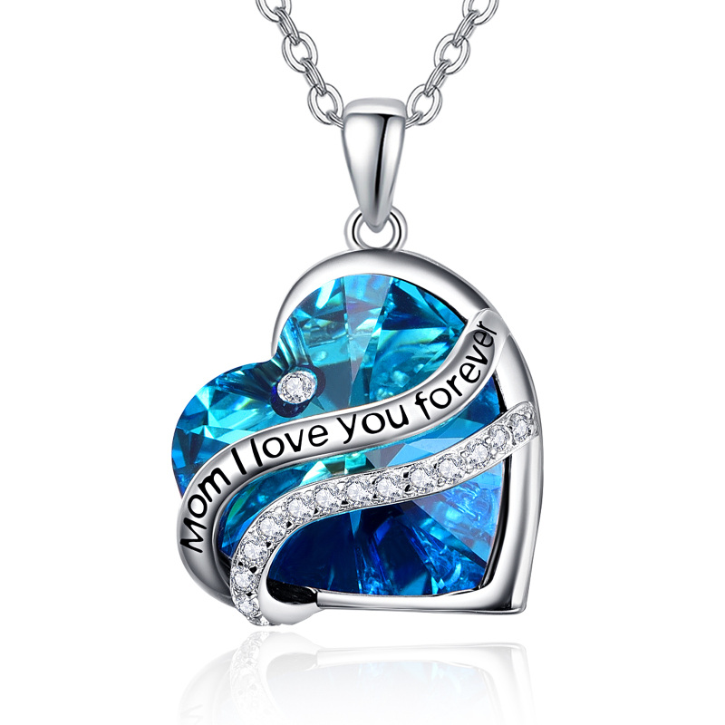 Sterling Silver Heart Blue Crystal Pendant Necklace Engraved Mom I Love You Forever-12