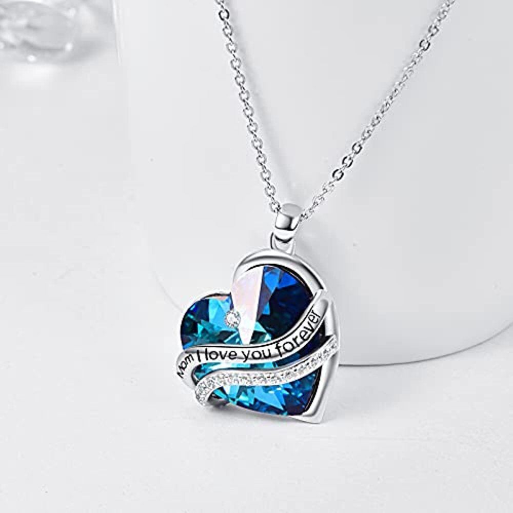 Collar Colgante Corazón Plata de Ley Cristal Azul Grabado Mamá Te Quiero Para Siempre-3