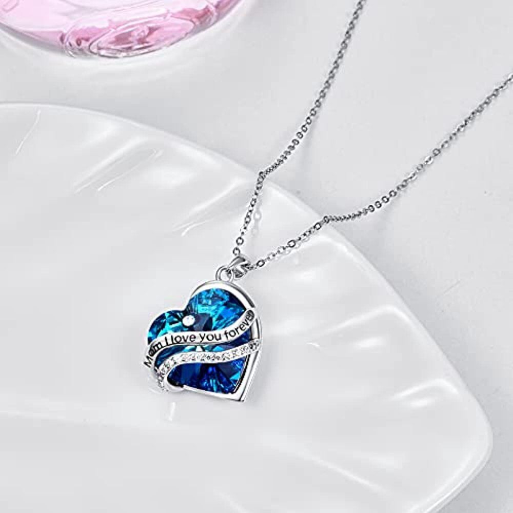Collar Colgante Corazón Plata de Ley Cristal Azul Grabado Mamá Te Quiero Para Siempre-4