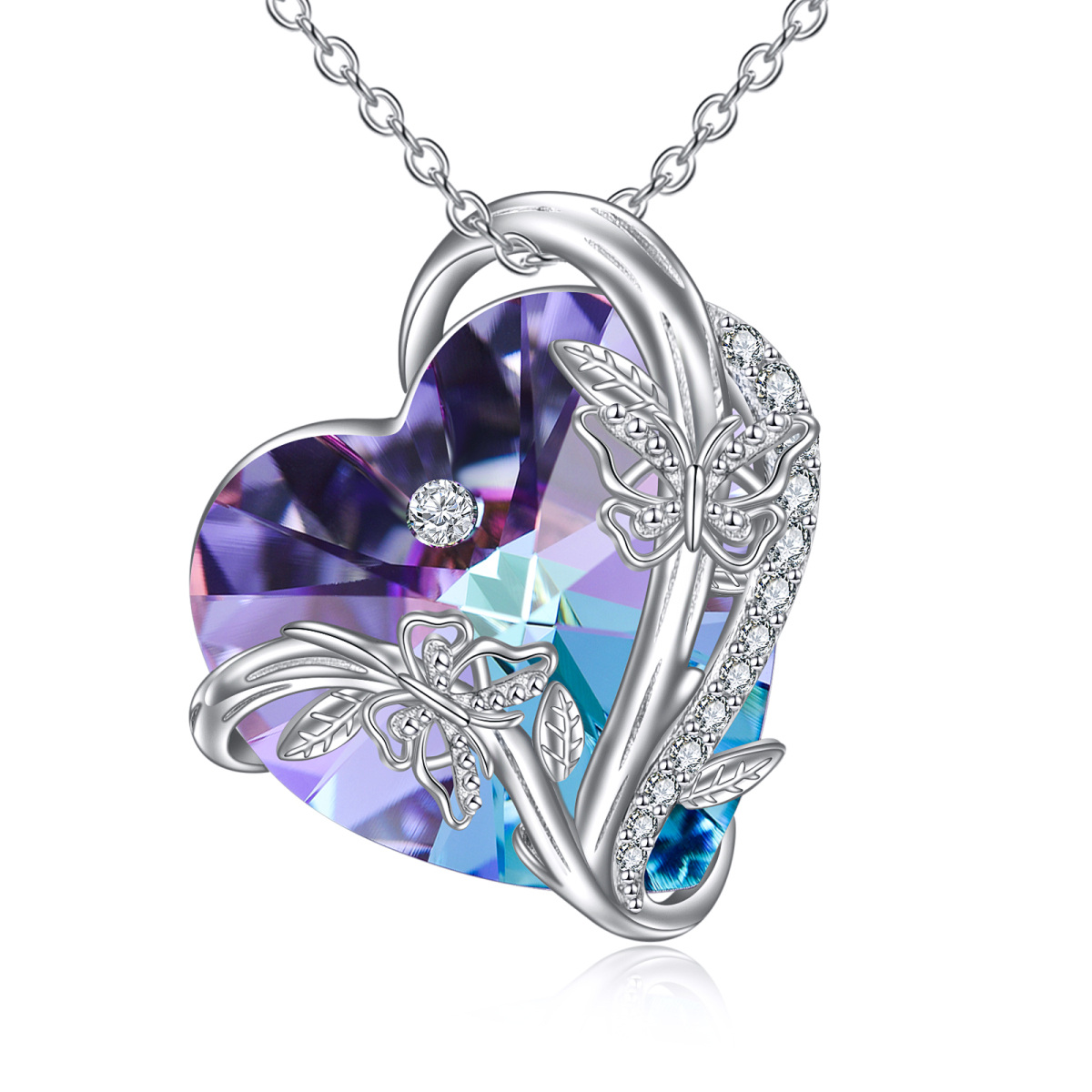 Collar con colgante de mariposa y cristal de corazón de plata de ley para mujer-1