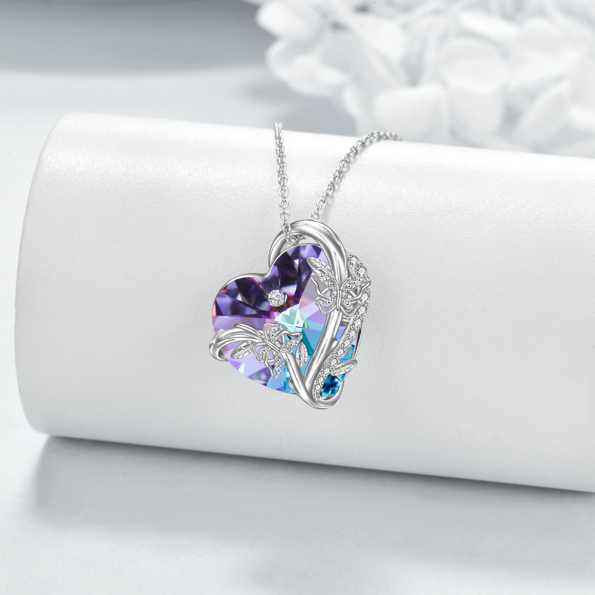 Sterling Silver Heart Crystal Butterfly Pendant Necklace For Women-3