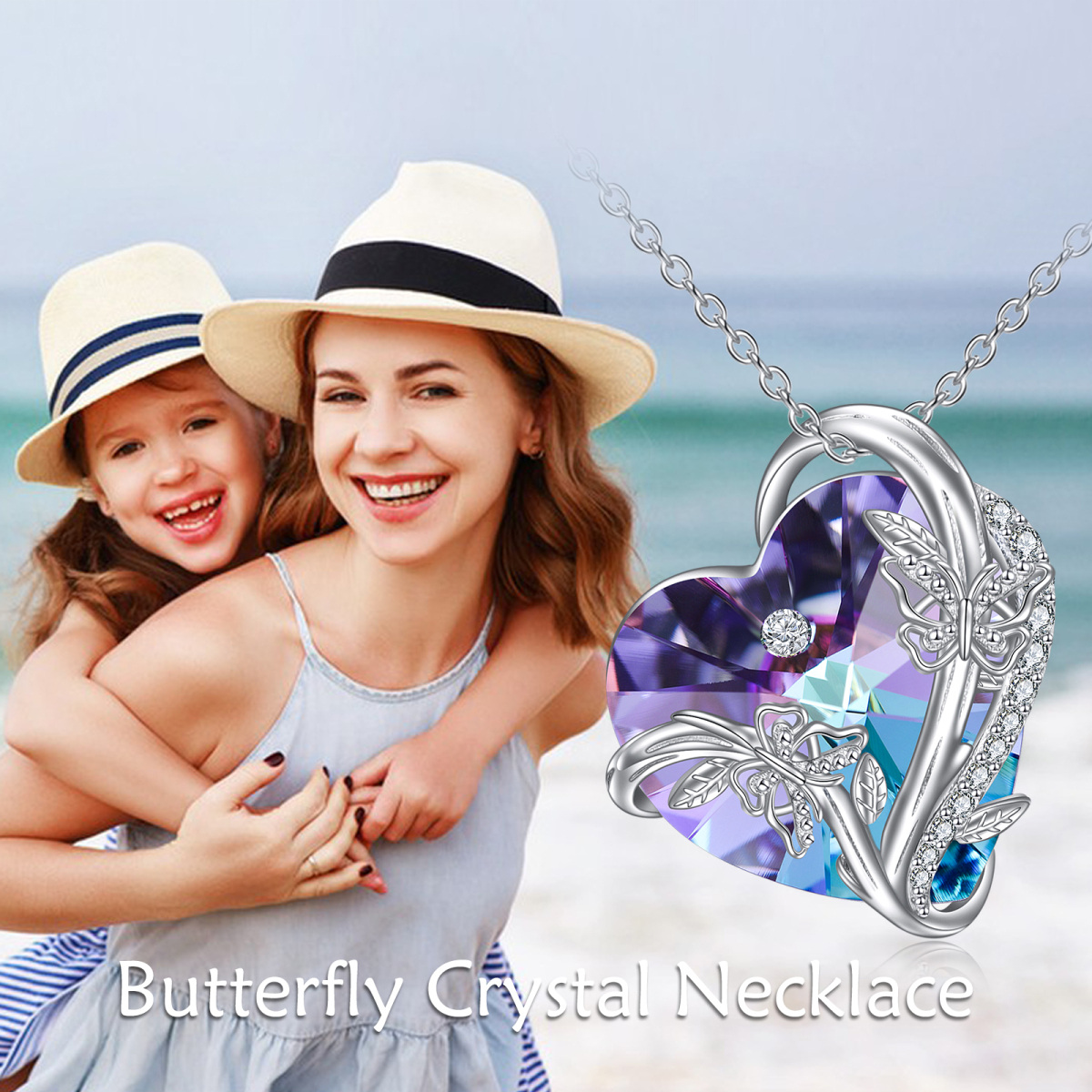 Sterling Silver Heart Crystal Butterfly Pendant Necklace For Women-6