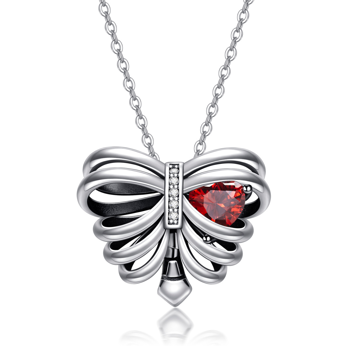 Collar Colgante Mariposa y Esqueleto de Plata de Ley con Corazón de Circonita Cúbica-1