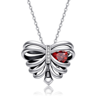 Sterling Silver Heart Cubic Zirconia Butterfly & Skeleton Pendant Necklace-9