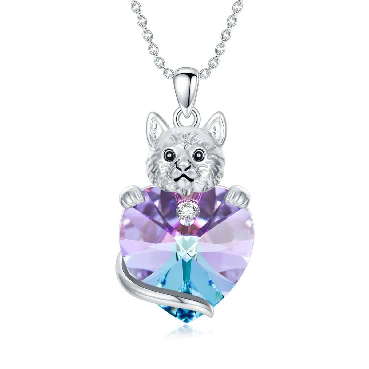 Collar con colgante de gato de cristal y corazón de plata de ley para mujer-1