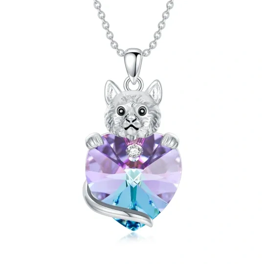 Collar de plata de ley con colgante de corazón de gato y corazón de cristal