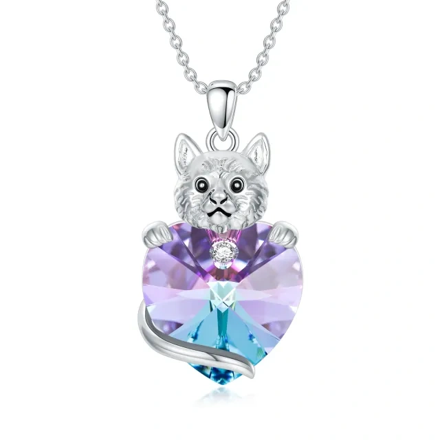 Sterling Silver Heart Cat & Heart Crystal Pendant Necklace-1