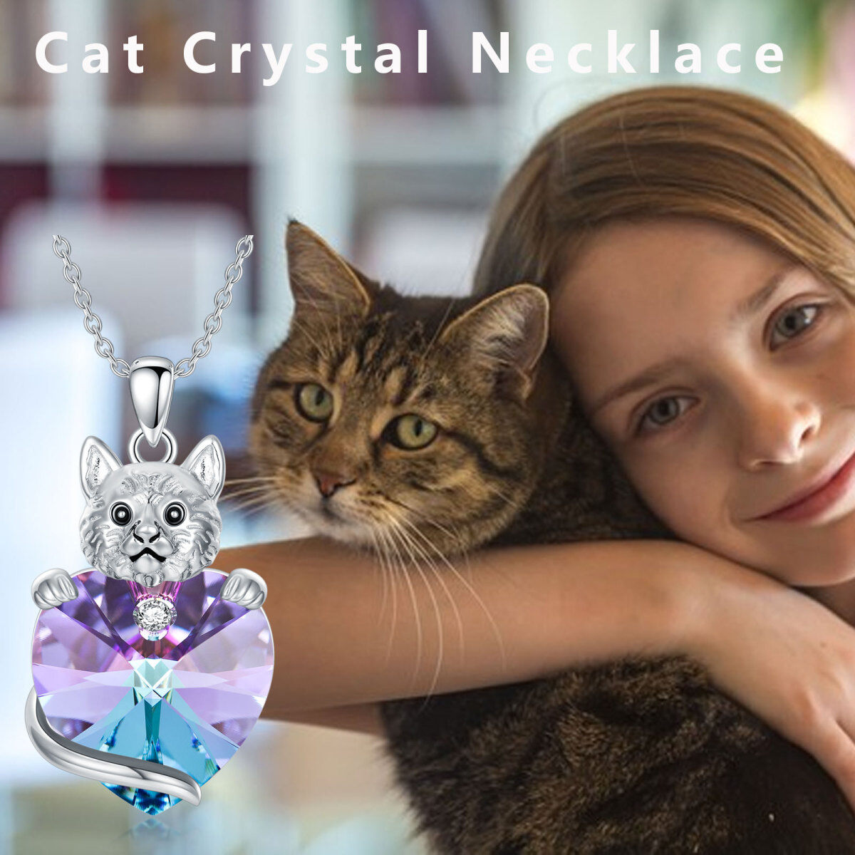 Collar con colgante de gato de cristal y corazón de plata de ley para mujer-3