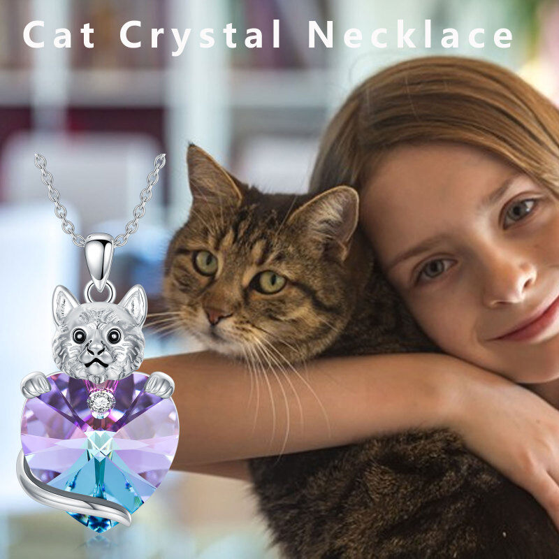 Sterling Silver Heart Crystal Cat Pendant Necklace For Women-3