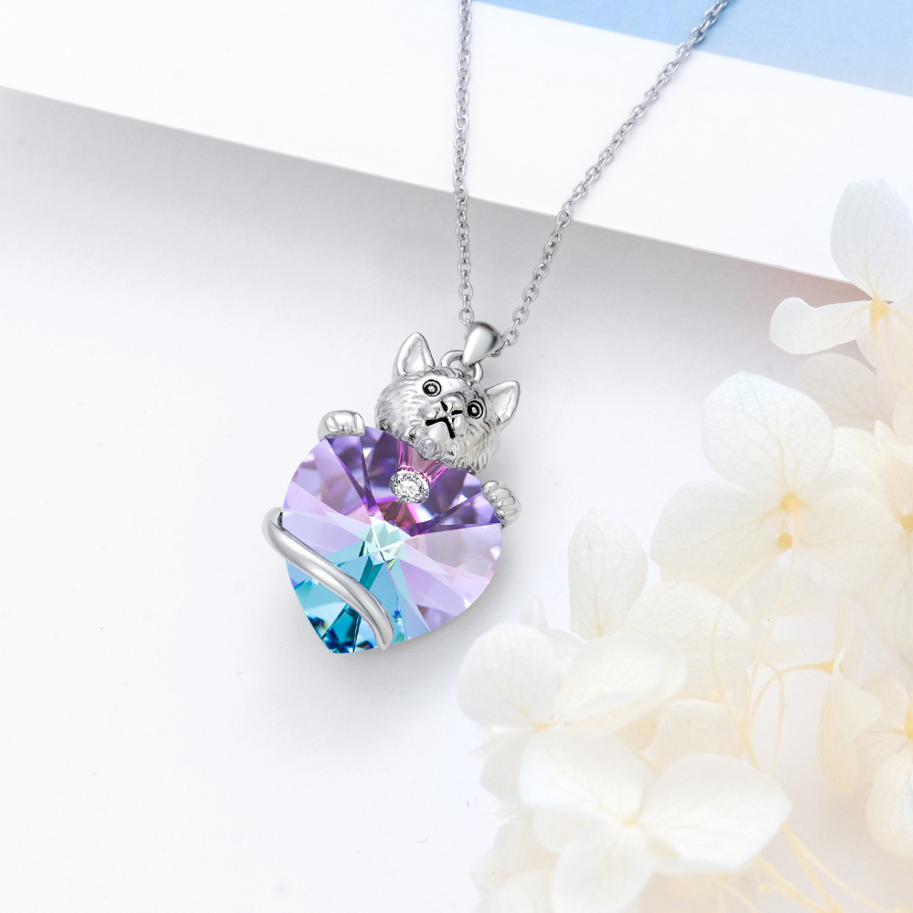 Sterling Silver Heart Crystal Cat Pendant Necklace For Women-5