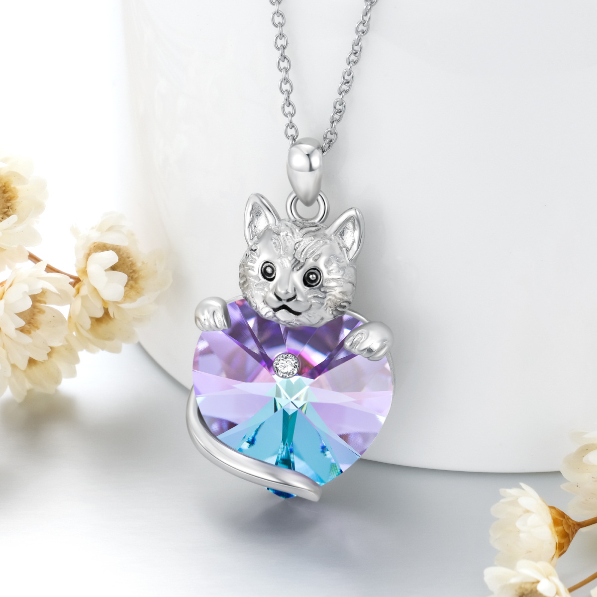 Sterling Silver Heart Crystal Cat Pendant Necklace For Women-6