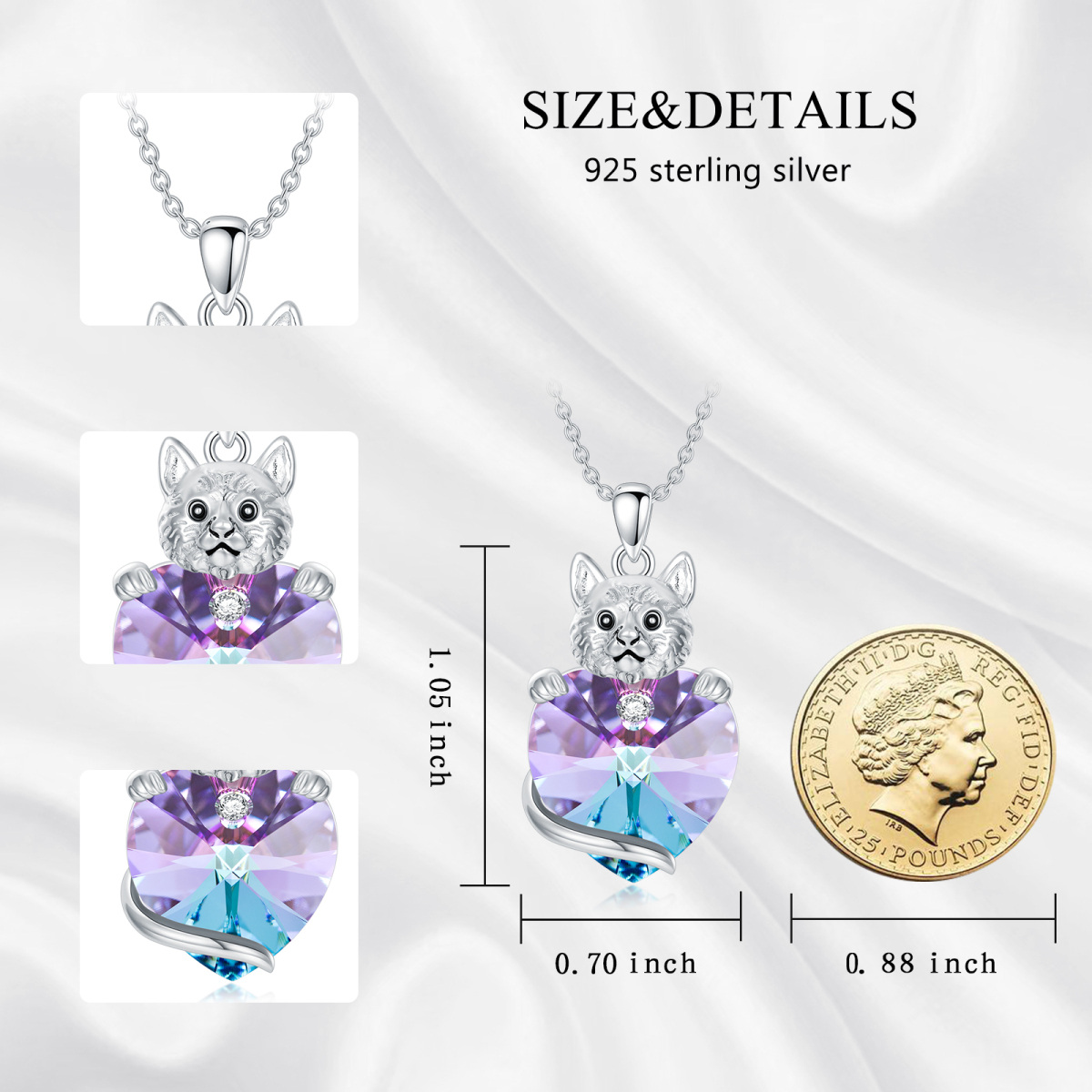 Sterling Silver Heart Crystal Cat Pendant Necklace For Women-8