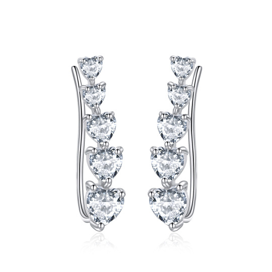 Sterling Silver Heart Cubic Zirconia Climber Earrings For Women