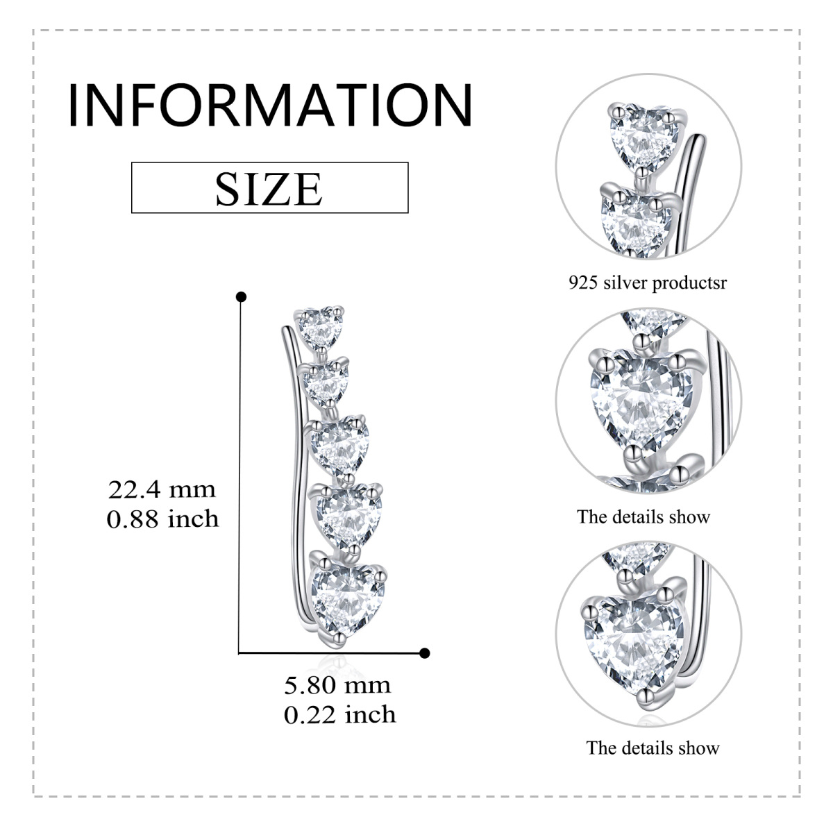 Sterling Silver Heart Cubic Zirconia Climber Earrings For Women-6