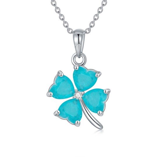 Sterling Silver Heart Created Tourmaline Four Leaf Clover Pendant Necklace