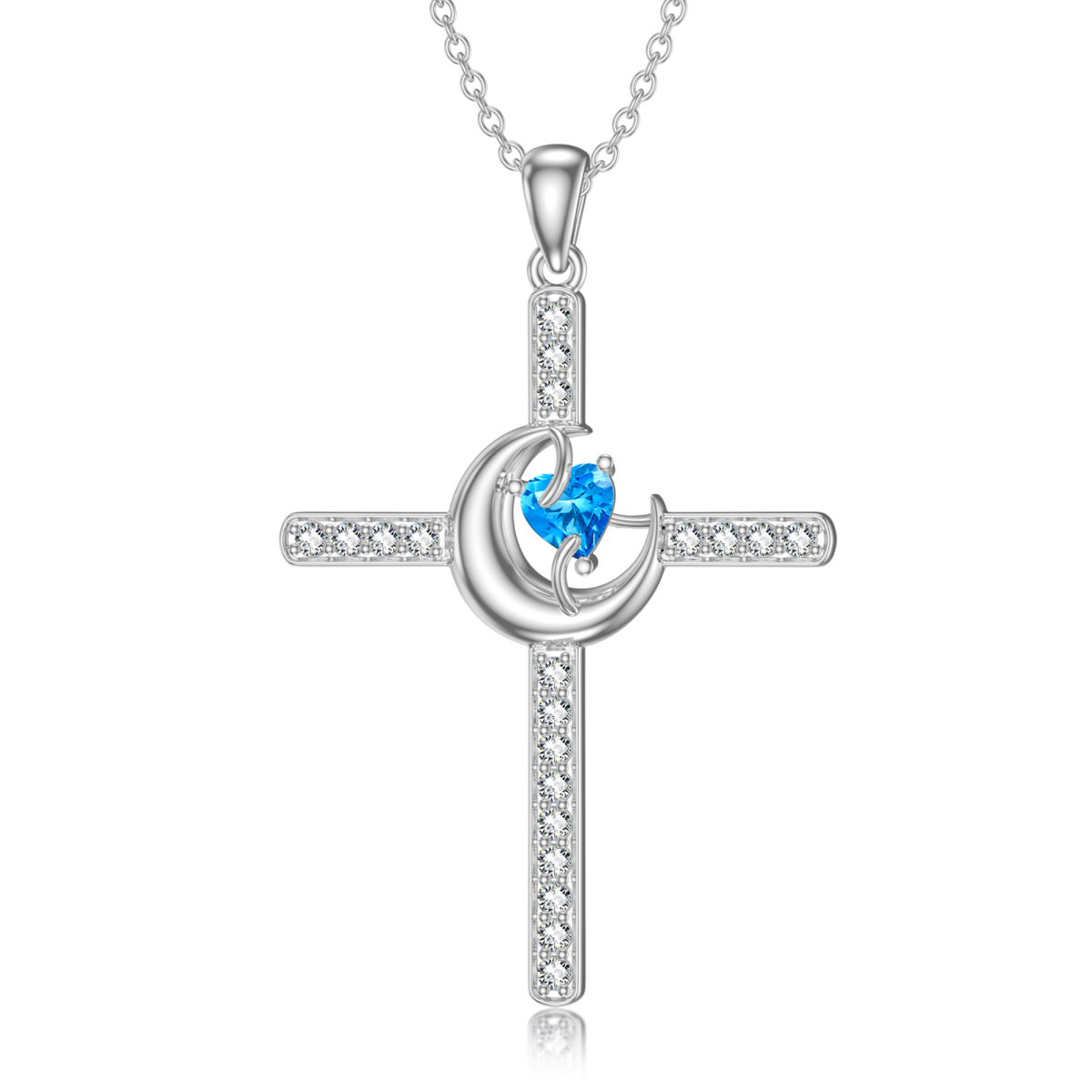 Collana con ciondolo a croce e luna in argento sterling con cuore in zirconia cubica-1