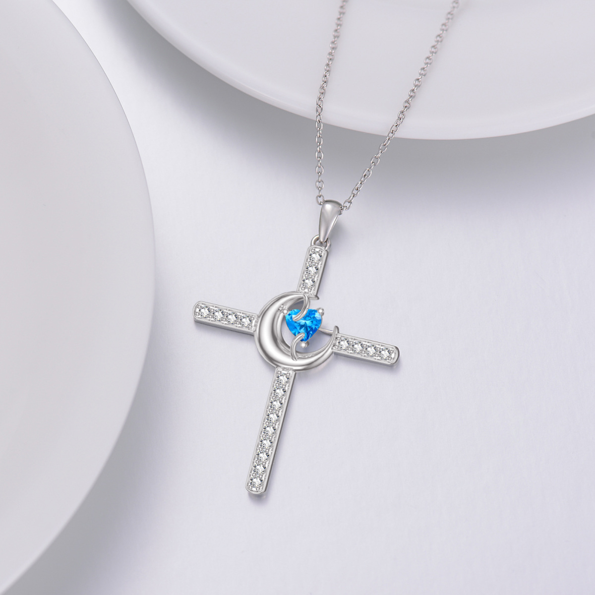 Sterling Silber Herz Cubic Zirkonia Kreuz & Mond Anhänger Halskette-4