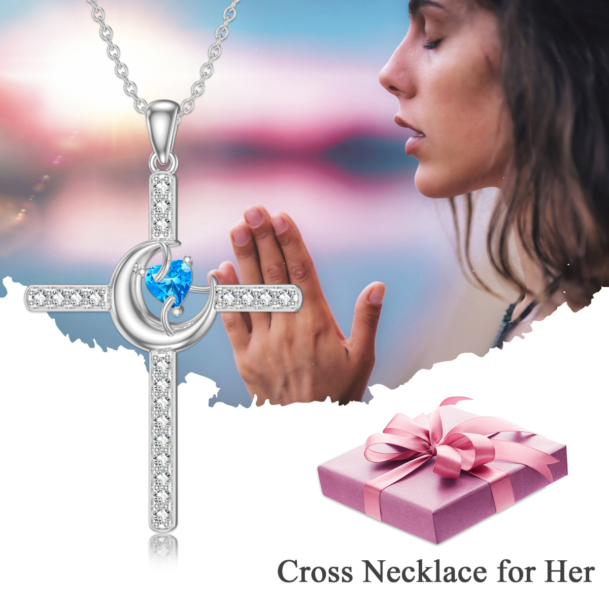 Collana con ciondolo a croce e luna in argento sterling con cuore in zirconia cubica-5