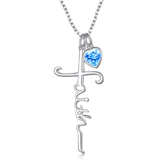 Collier en argent sterling avec pendentif croix en forme de coeur en zircon cubique et mot