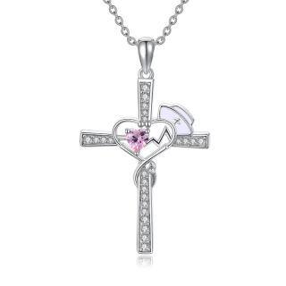 Sterling Silver Heart Cubic Zirconia Cross & Stethoscope Pendant Necklace-3