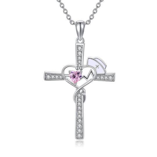 Collana con ciondolo a forma di croce e stetoscopio in argento sterling con cuore in zirconia cubica