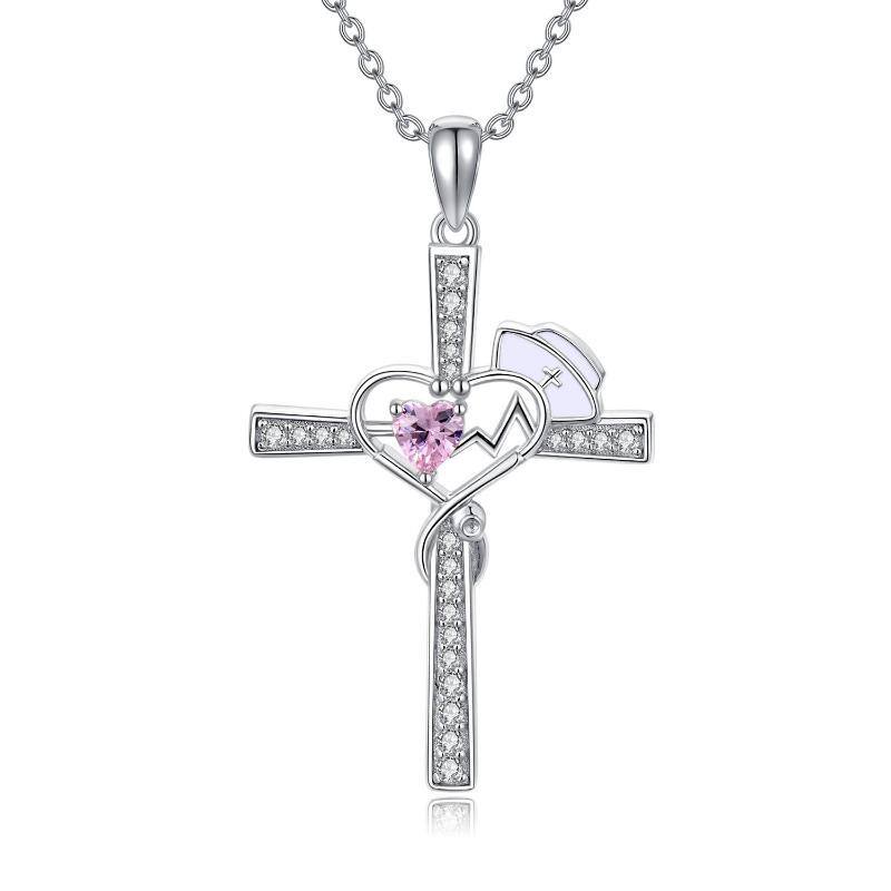 Sterling Silver Heart Cubic Zirconia Cross & Stethoscope Pendant Necklace-8