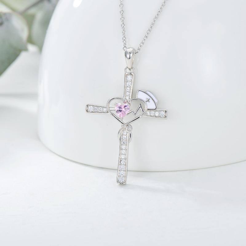 Sterling Silver Heart Cubic Zirconia Cross & Stethoscope Pendant Necklace-3