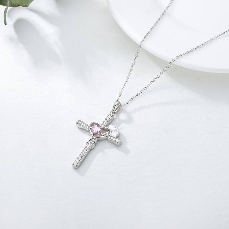 Sterling Silver Heart Cubic Zirconia Cross & Stethoscope Pendant Necklace-4