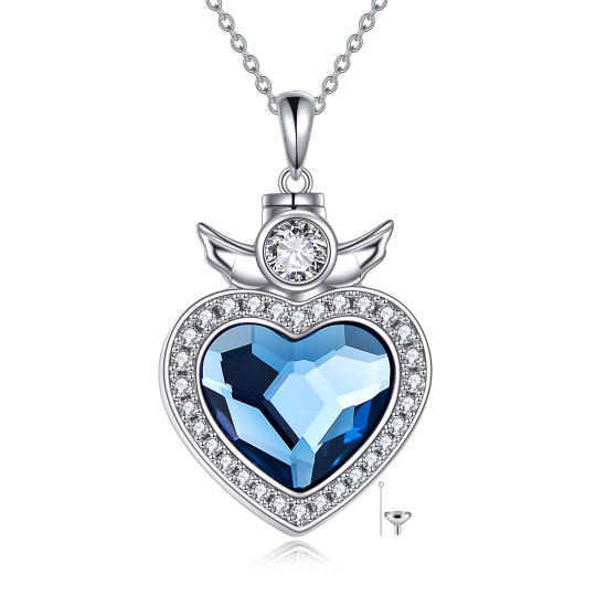 Sterling Silver Heart Crystal Angel Wing & Heart Urn Necklace for Ashes